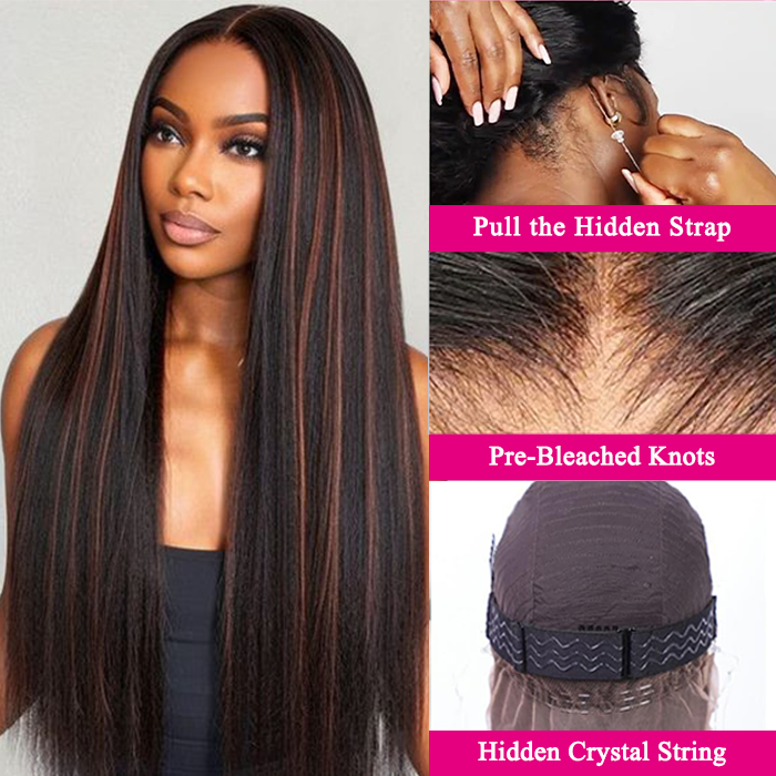 Pre Cut Glueless 1B/30 Highlight Yaki Straight Invisi-Band 360 Transparent Lace Frontal Human Hair Wigs