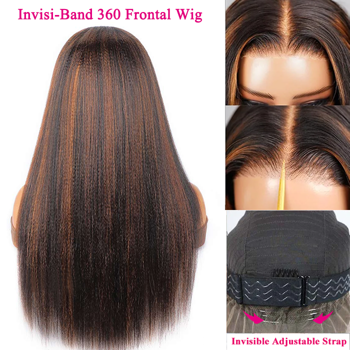 Pre Cut Glueless 1B/30 Highlight Yaki Straight Invisi-Band 360 Transparent Lace Frontal Human Hair Wigs