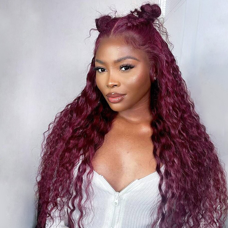 Clearance Sale | 99J Burgundy Red Colored Water Wave 100% Human Hair Transparent Lace Front Wigs