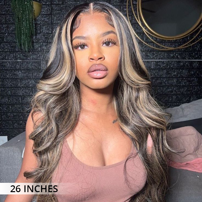 Balayage Highlight Colored Body Wave Wigs Transparent Lace Human Hair Wigs Natural Hairline