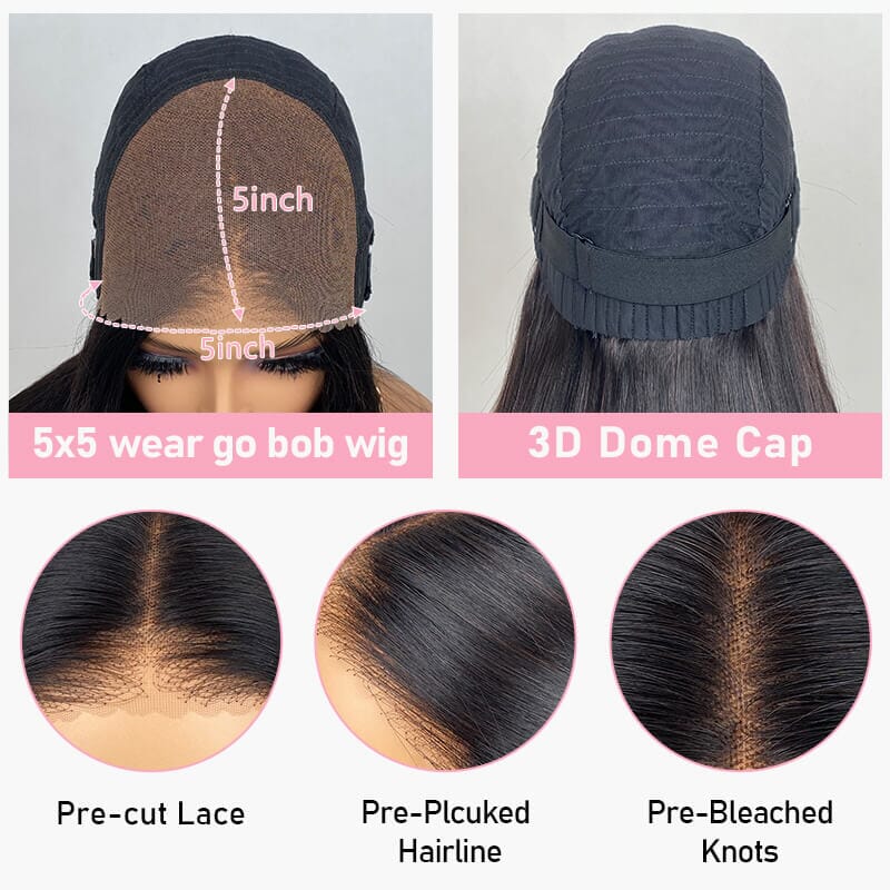 Short Straight Bob Glueless Lace Closure Transparent Lace Bob Wig 180% Density