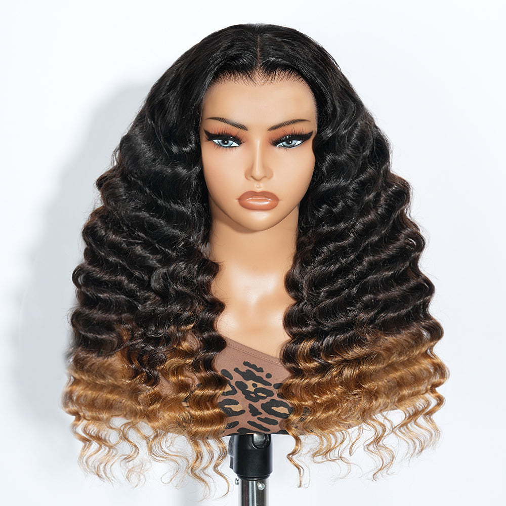 Zlike Ombre Brown Light Auburn Loose Deep Wave Wigs Transparent Lace Front Human Hair Wigs