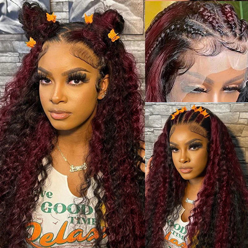 Clearance Sale | 99J Burgundy Kinky Curly Wigs Transparent Lace Front Virgin Human Hair Wigs