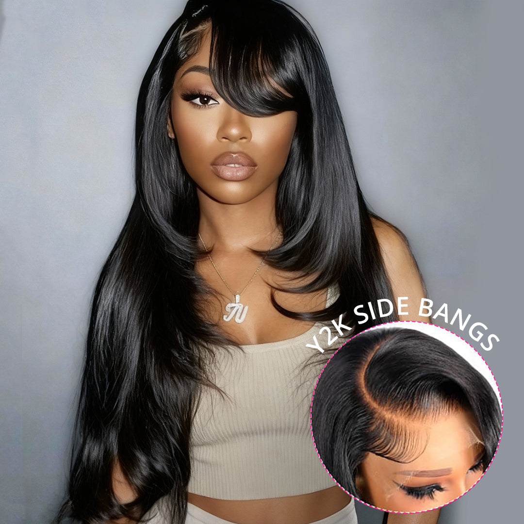 Zlike Y2k Layered Cut Straight Wigs 100% Human Hair Lace Closure Wigs With Side Bangs