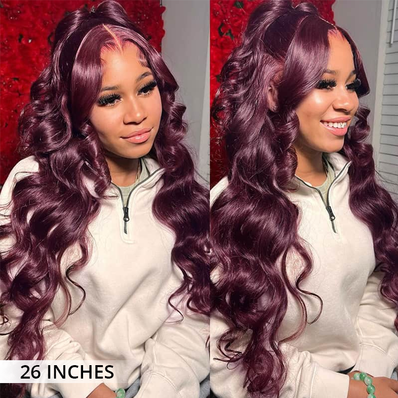 Zlike Pull Go 13x6 Pre Cut Lace Front Wigs Dark Plum Glueless Wigs Body Wave With Drawstring 100% Human Hair Wig