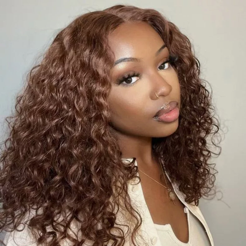 #4 Chocolate Brown Invisi-Band 360 Lace Frontal Wig Water Wave Pre Plucked Human Hair Wigs