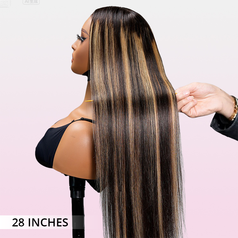 Zlike 300% Density Highlight Balayage Piano Colored Straight Body Wave Wigs Human Hair Lace Front Super Invisible Lace Wig