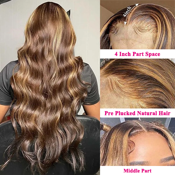 Highlight Honey Brown #4/27 Body Wave Transparent Lace Closure Human Hair Wigs With Baby Hair
