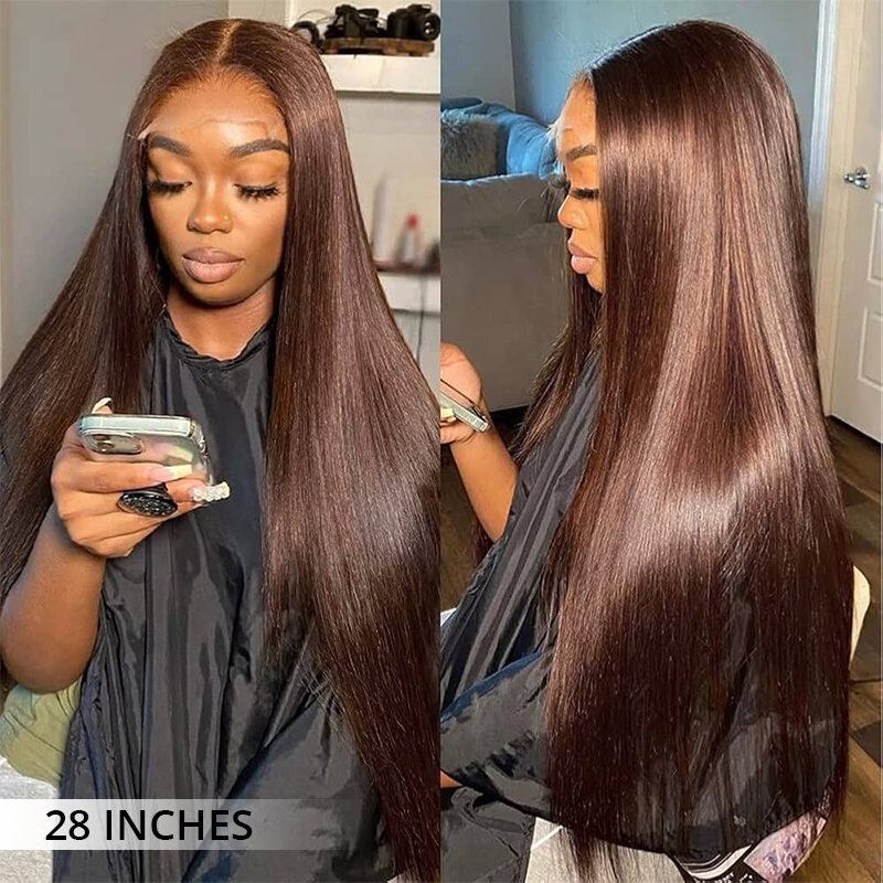 Zlike 200% Density #4 Chocolate Brown Straight Body Wave 13x4 Lace Front Wigs Pre Plucked Human Hair Wigs