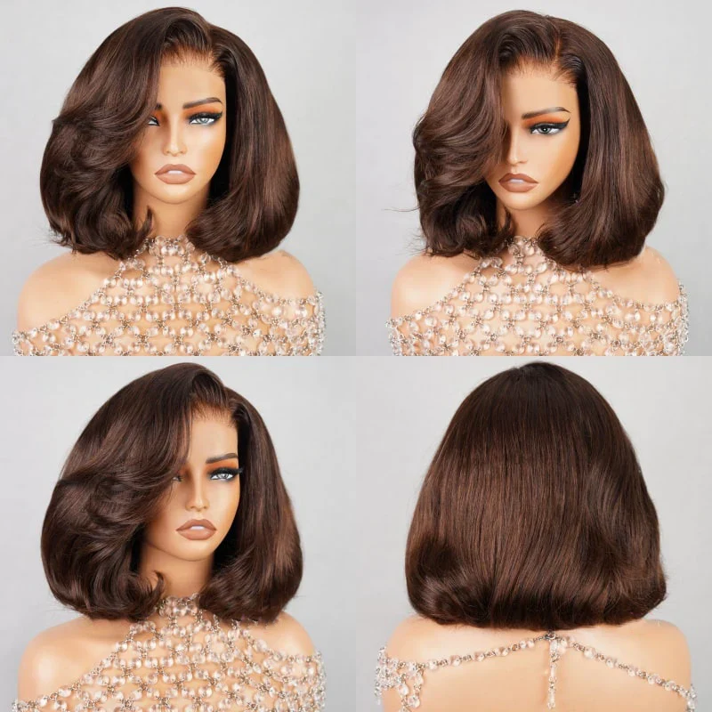 Zlike 250% Density Pre Styled Salon Quality Side Part #4 Chocolate Brown Lace Front Natural Blowout Curve Bob Wigs Human Hair