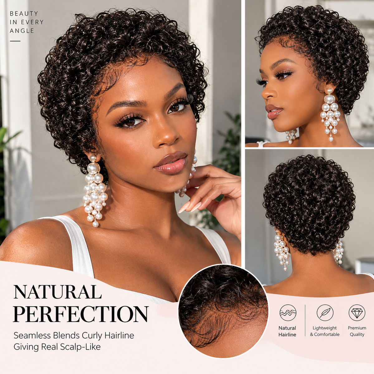 Zlike Short Pixie Cut Curly Human Hair Wig with Kinky Edges 13x4 Lace Front Glueless Wig Natural Scalp Look Everyday Wear