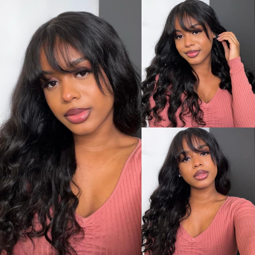 Glueless Body Wave Wig Wear To Go 100% Virgin Human Hair Wigs With Bangs High Density