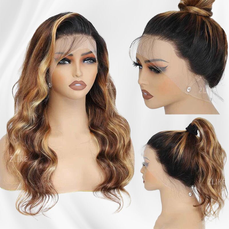 Zlike Black Roots Body Wave 4/27 Ombre Highlight Transparent Lace Frontal Human Hair Wigs