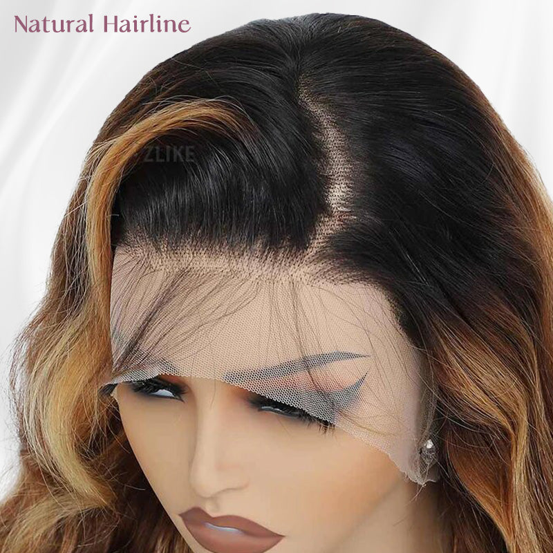 Zlike Black Roots Body Wave 4/27 Ombre Highlight Transparent Lace Frontal Human Hair Wigs
