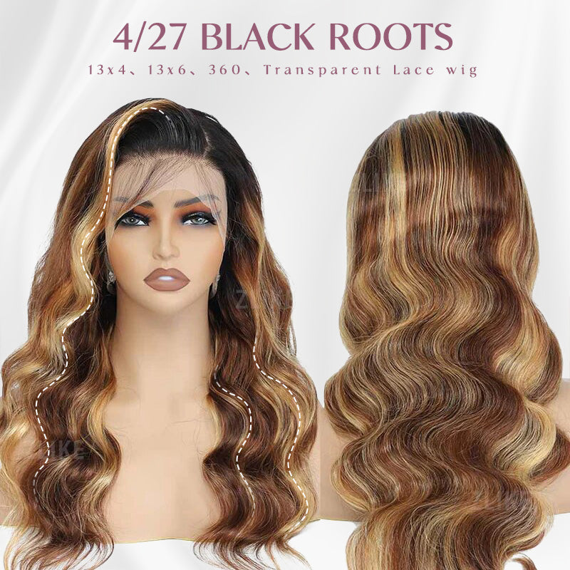 Zlike Black Roots Body Wave 4/27 Ombre Highlight Transparent Lace Frontal Human Hair Wigs