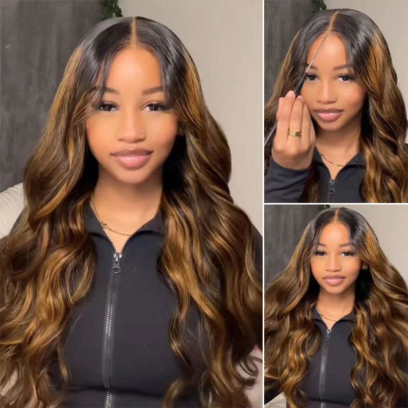 Zlike Black Roots Body Wave 4/27 Ombre Highlight Transparent Lace Frontal Human Hair Wigs