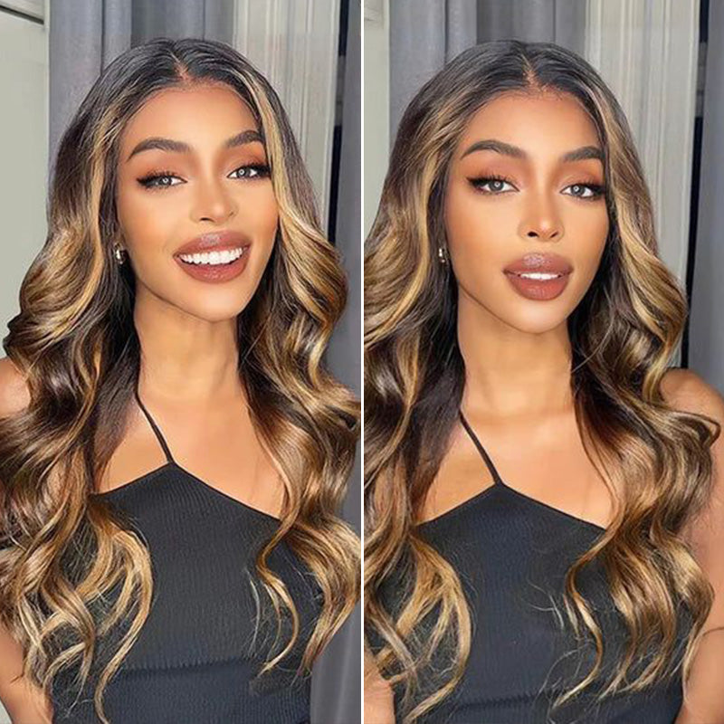 Zlike Black Roots Body Wave 4/27 Ombre Highlight Transparent Lace Frontal Human Hair Wigs
