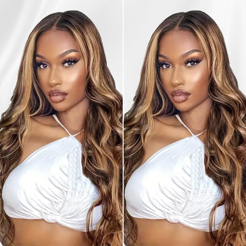 Zlike Black Roots Body Wave 4/27 Ombre Highlight Transparent Lace Frontal Human Hair Wigs