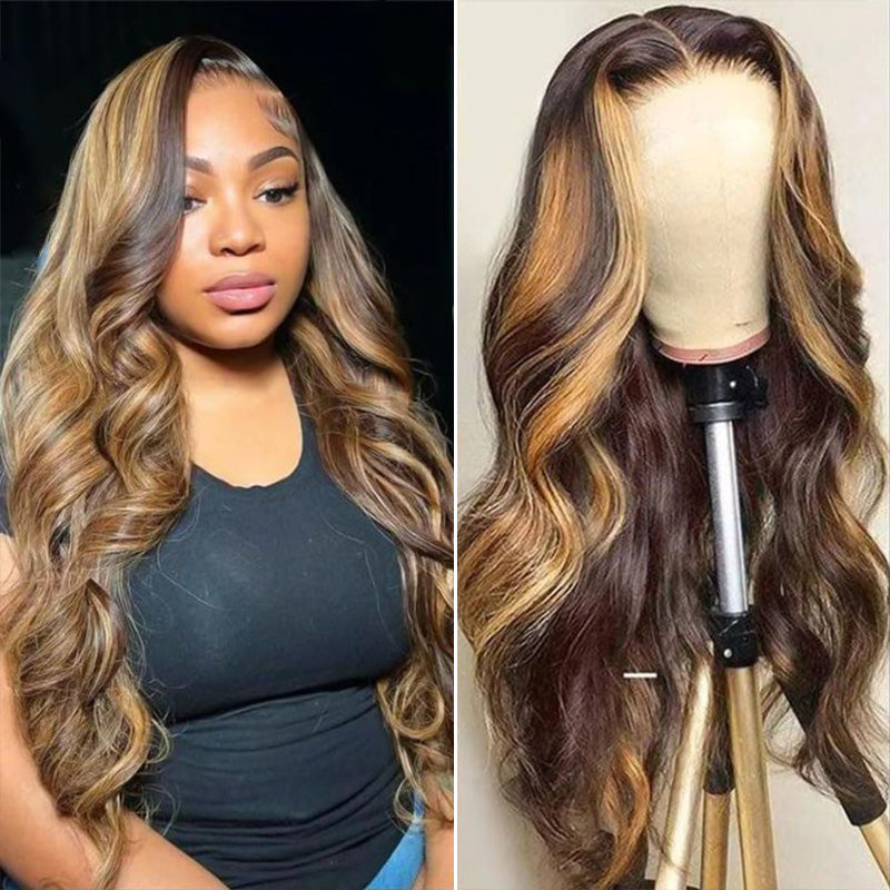 Clearance Sale | Ombre Honey Blonde Highlight With Black Roots 13x6 Lace Front Body Wave Wigs Human Hair Wigs
