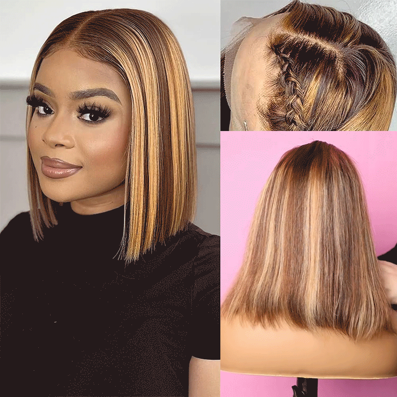 Short Highlight Straight Bob Wig Human Hair Lace Wigs Natural Hairline For Women