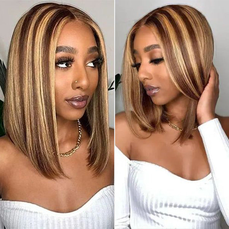 Short Highlight Straight Bob Wig Human Hair Lace Wigs Natural Hairline For Women