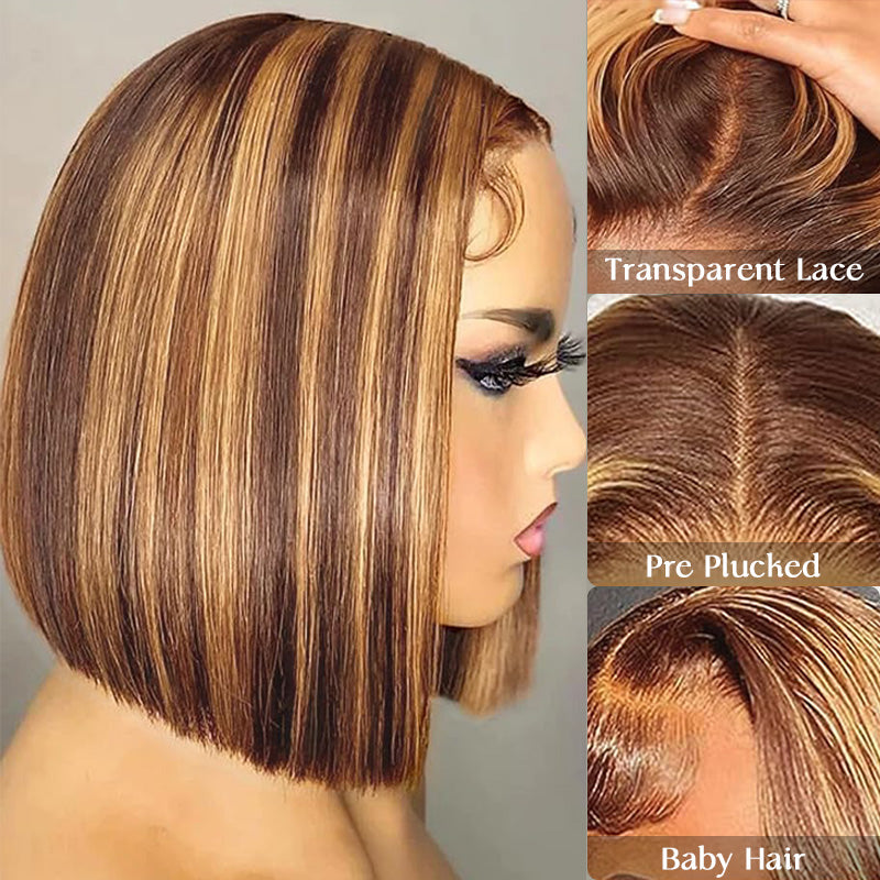 Short Highlight Straight Bob Wig Human Hair Lace Wigs Natural Hairline For Women