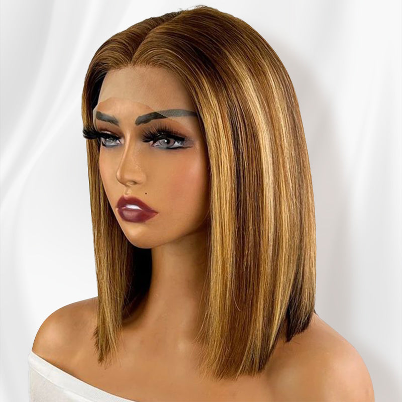 Short Highlight Straight Bob Wig Human Hair Lace Wigs Natural Hairline For Women