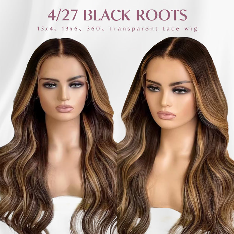 Black Roots Body Wave 4/27 Ombre Highlight Transparent Lace Frontal Human Hair Wigs High Density