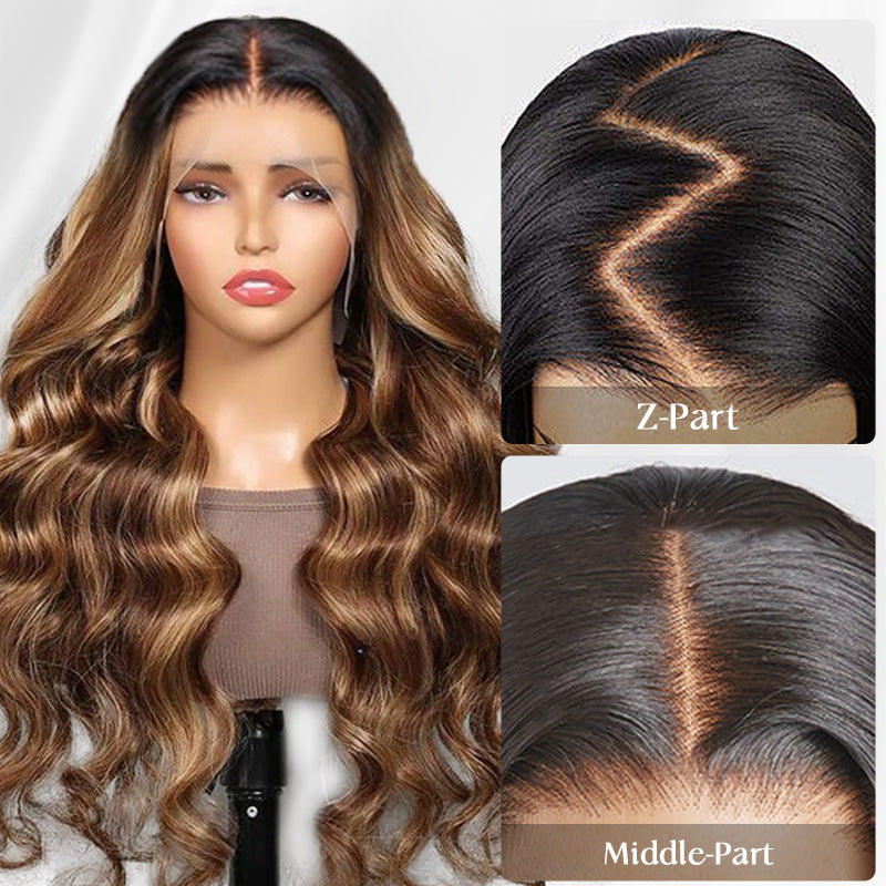 Black Roots Body Wave 4/27 Ombre Highlight Transparent Lace Frontal Human Hair Wigs High Density