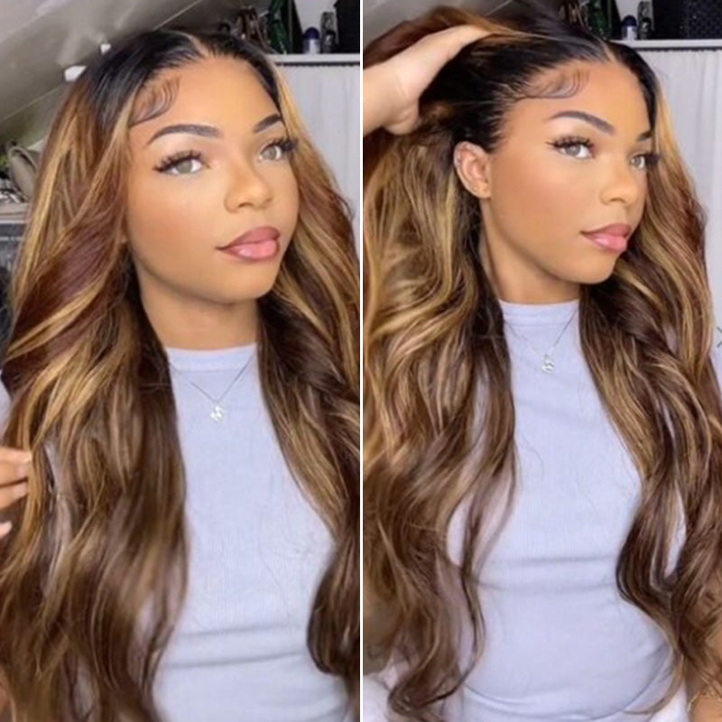 Black Roots Body Wave 4/27 Ombre Highlight Transparent Lace Frontal Human Hair Wigs High Density