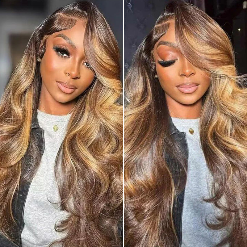 Black Roots Body Wave 4/27 Ombre Highlight Transparent Lace Frontal Human Hair Wigs High Density
