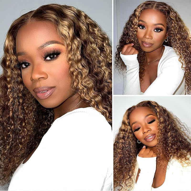 Natural Hairline Kinky Curly Lace Wig #4/27 Honey Blonde Highlights Colored Human Hair Wigs