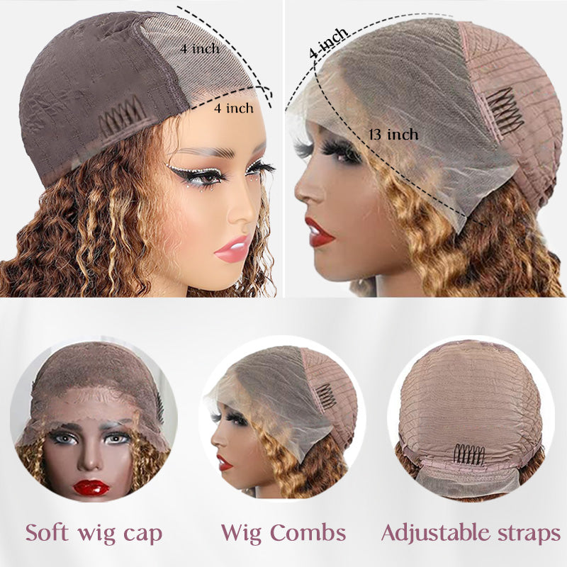 Honey Blonde Highlights #4/27 Colored Curly Transparent Lace 100% Virgin Human Hair Wigs