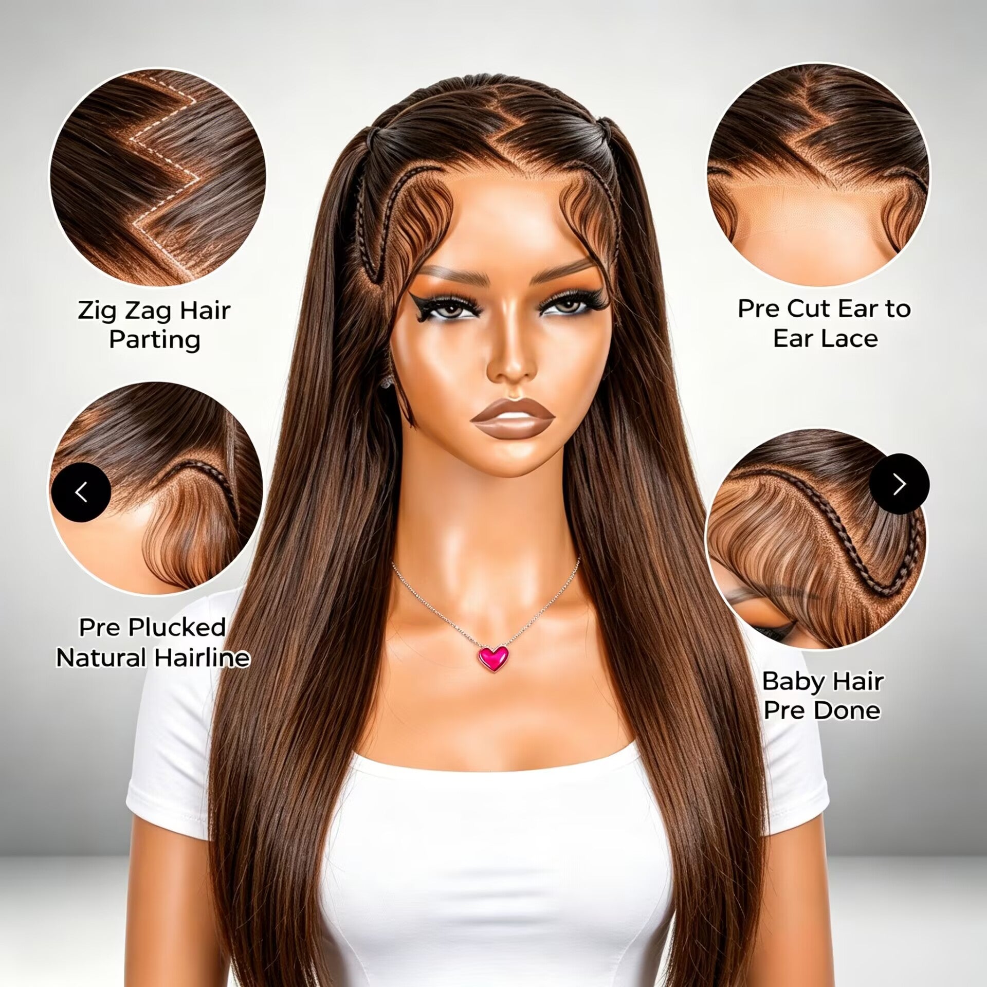 Zlike Brown Pre-Styled Zig Zag Part Straight Glueless 13x4 Lace Front Human Hair Wig
