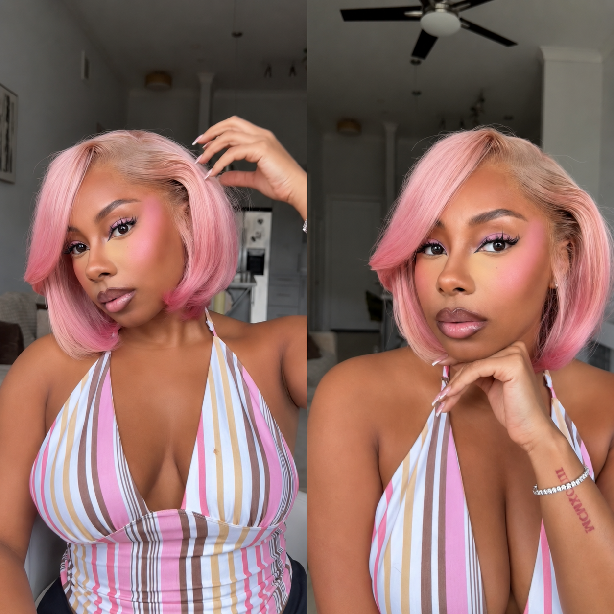 Zlike Pink Gradient Straight Bob Human Hair Wig 180% Density Center Part Glueless Wig with Drawstring 7x5 13x4 Lace