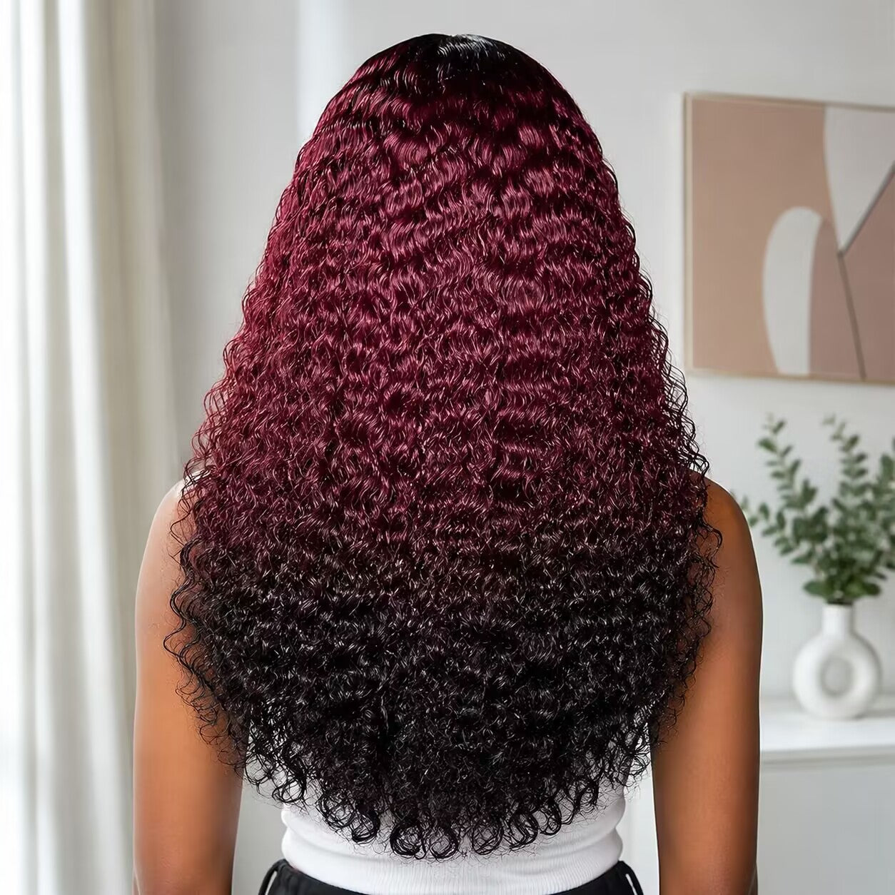 Zlike 300% Density Ombre 99J Burgundy Curly Human Hair Wig Transparent Lace Front Glueless Wig
