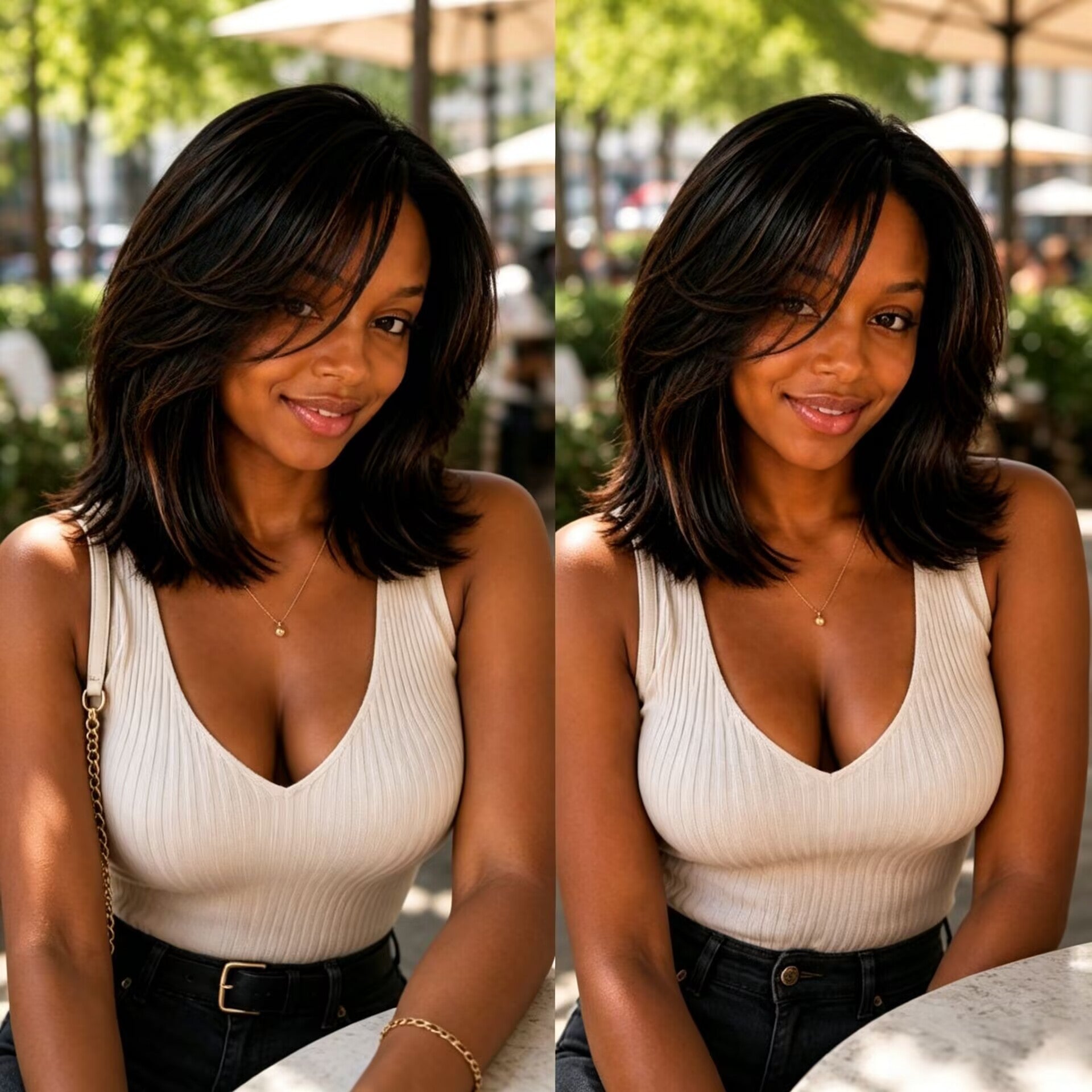 Zlike Brown Highlight Yaki Lob Wig with Butterfly Layers & Curtain Bangs Glueless Human Hair Lace Front Wig