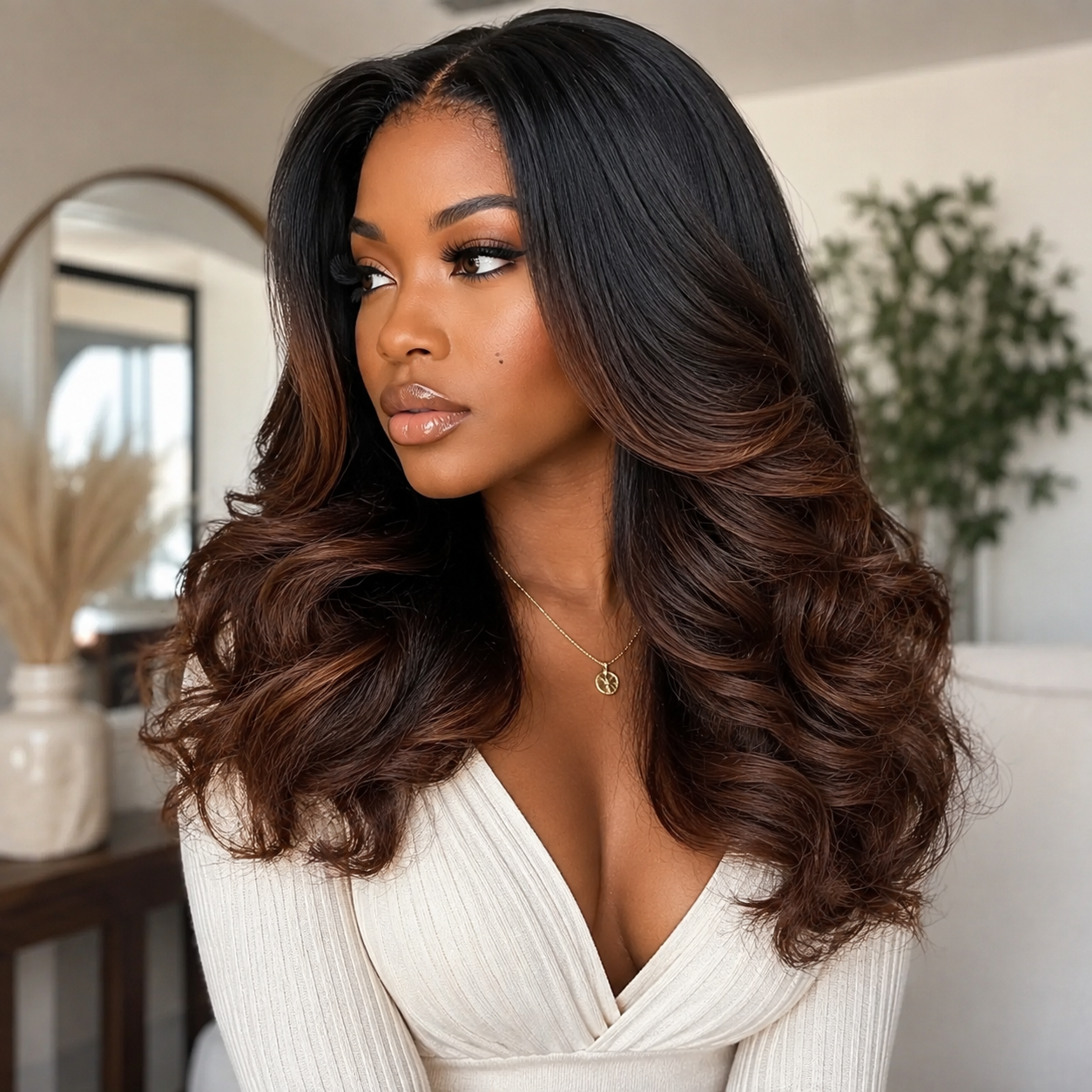 Zlike 300% Density Heavy Layered Cut Ombre Brown Colored Glueless Lace Wig