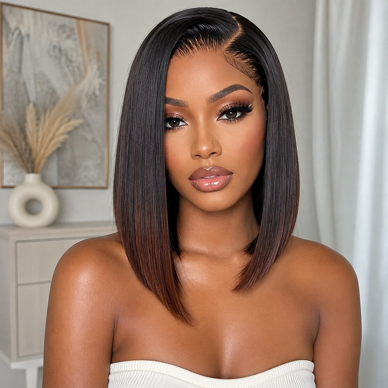 Zlike Elegant Asymmetric Short Straight Ombre Brown Colored Glueless Human Hair Bob Wigs