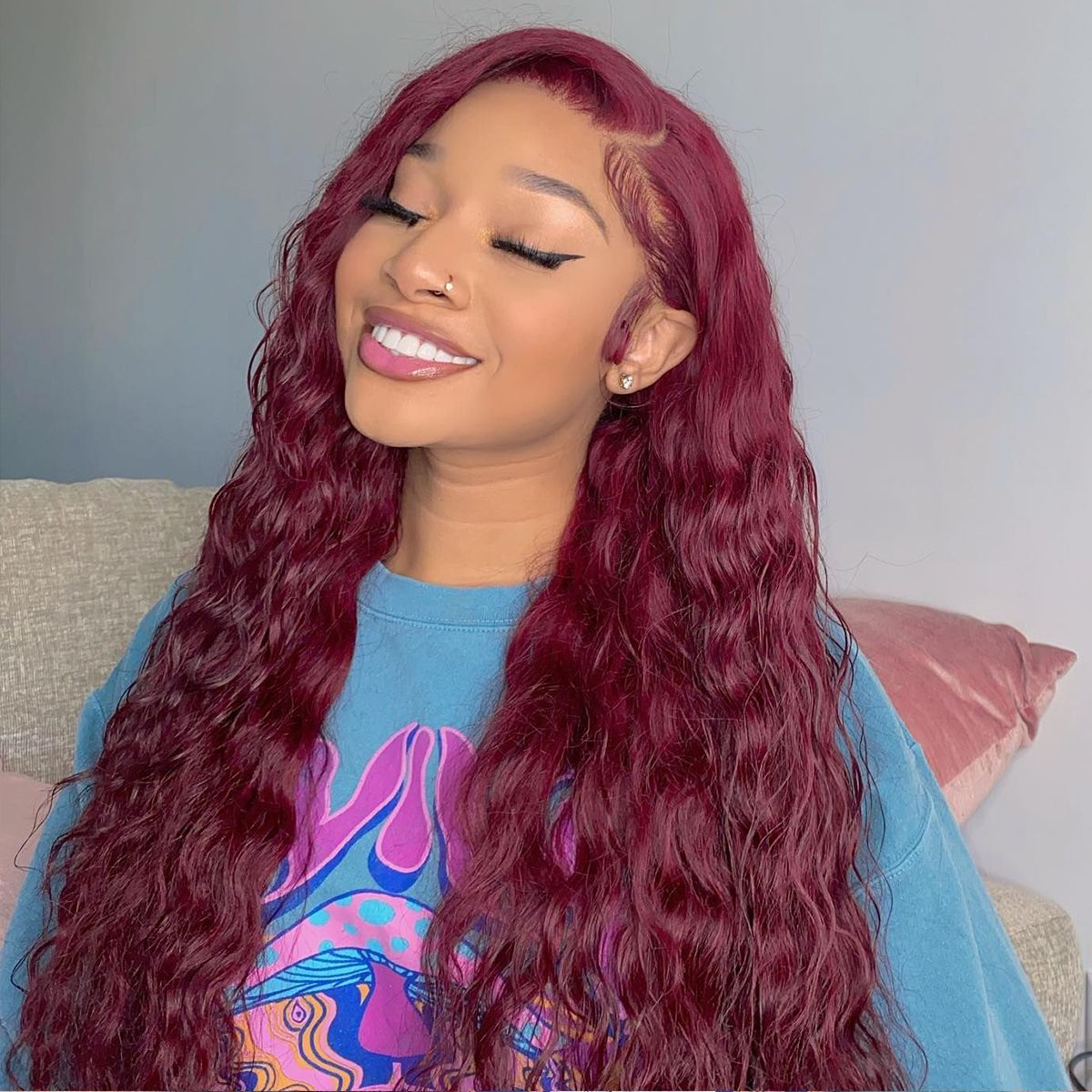 Clearance Sale | 99J Burgundy Red Colored Water Wave 100% Human Hair Transparent Lace Front Wigs