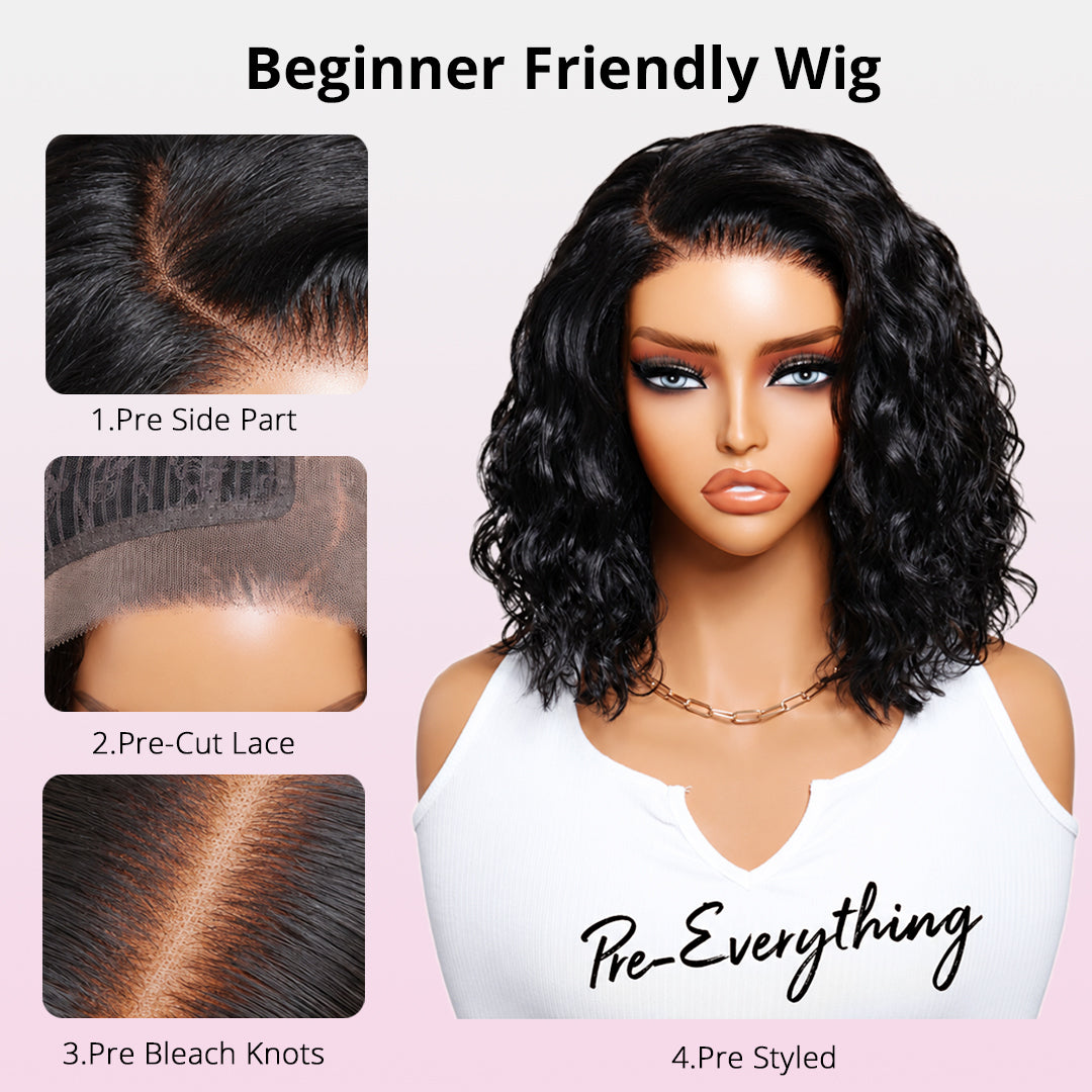 Styled Wig | 7x5 Glueless Lace C Side Part Loose Wavy Bob High Density Drawstring 100% Human Hair Wig For Beginners