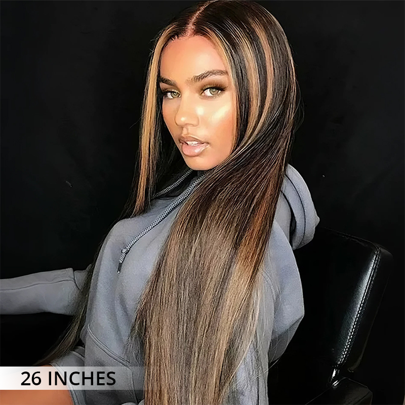Zlike 300% Density Highlight Balayage Piano Colored Straight Body Wave Wigs Human Hair Lace Front Super Invisible Lace Wig