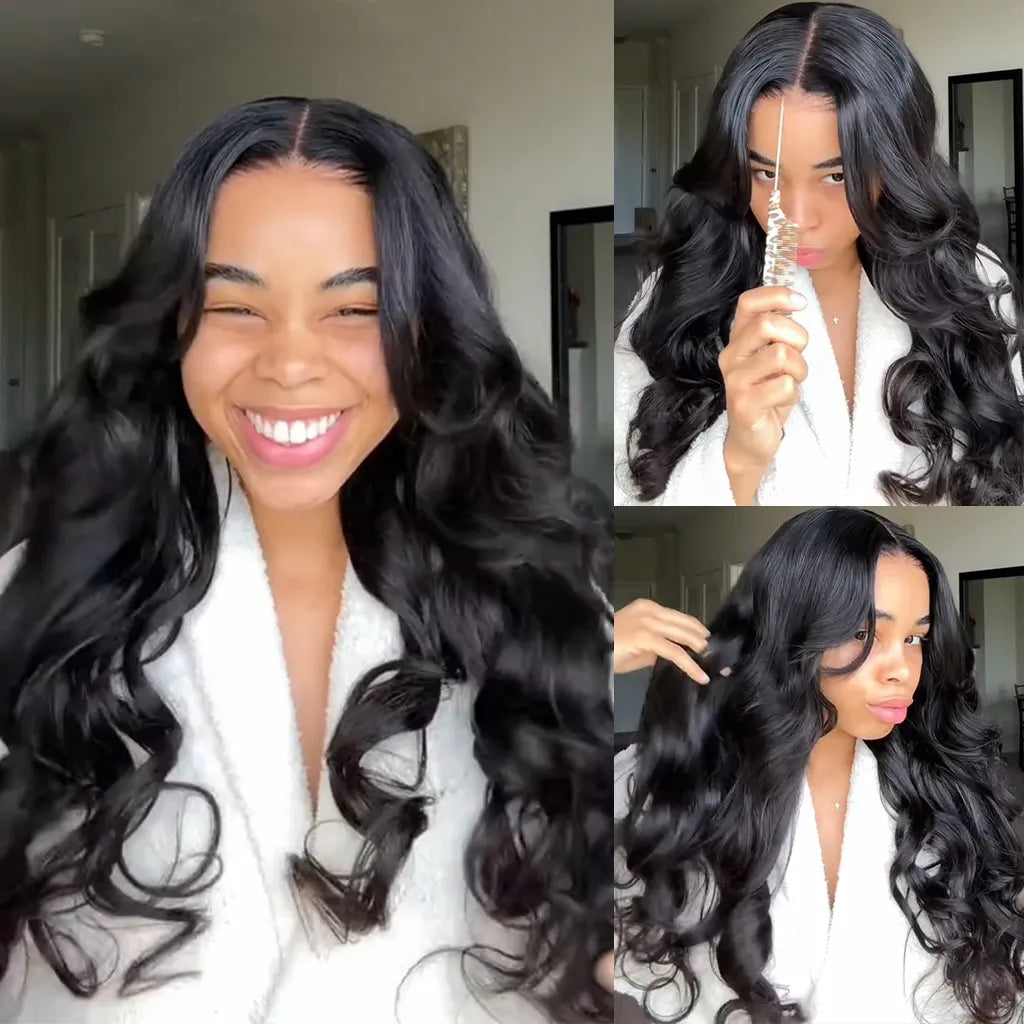 Zlike Layered Cut With Curtain Bangs 100% Glueless Human Hair Wigs Pre Cut Body Wave Lace Wigs