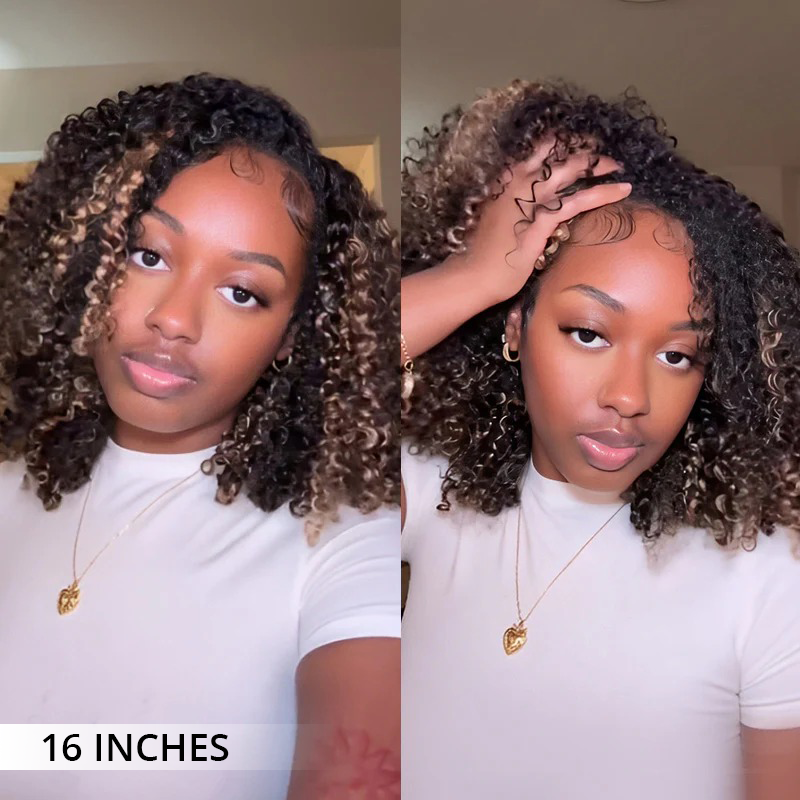 Zlike Highlight Brown Kinky Curly Half Wig Draw-strings Flip Over Wigs 100% Human Hair