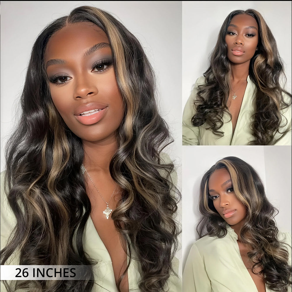 Golden Highlight Colored Body Wave Wigs Pre Cut Lace Front Human Hair Glueless Wigs With Natural Hairline