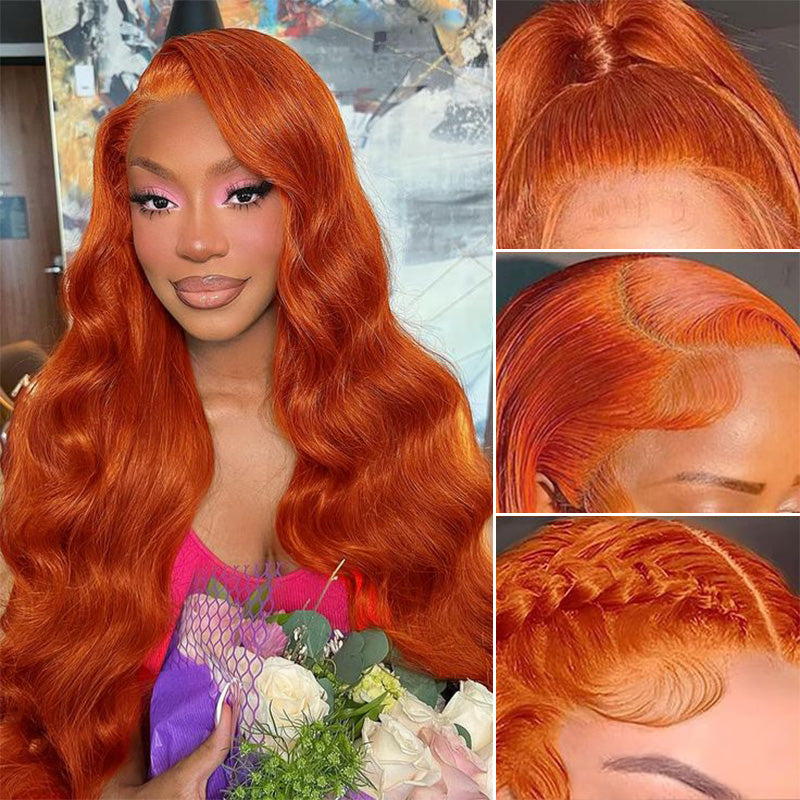 350 Ginger Orange Body Wave Wig Transparent Lace Front Wig High Density Human Hair Wigs