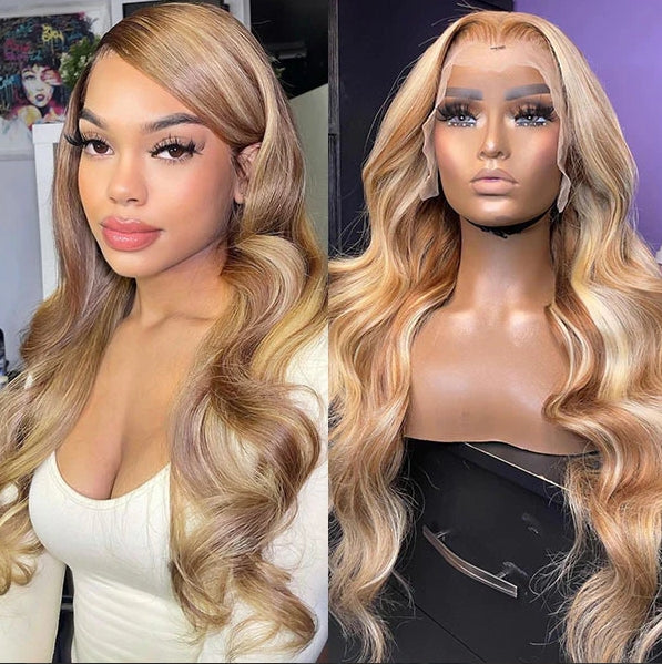 P4/613 Blonde Highlight Lace Front Wig 180% Density Human Hair Wigs