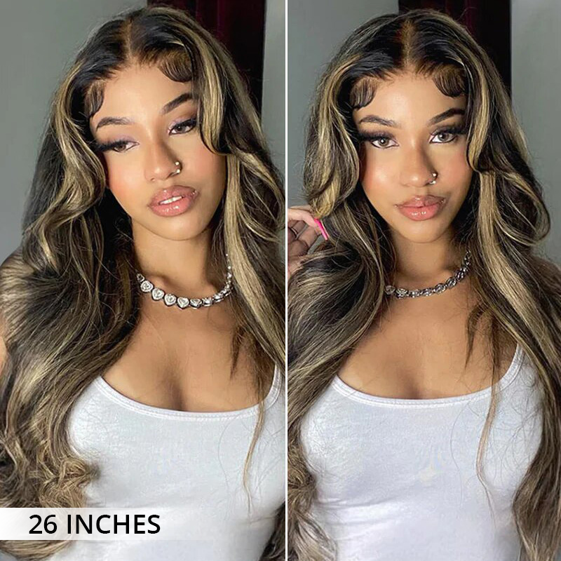 Balayage Highlight Colored Body Wave Wigs Transparent Lace Human Hair Wigs Natural Hairline