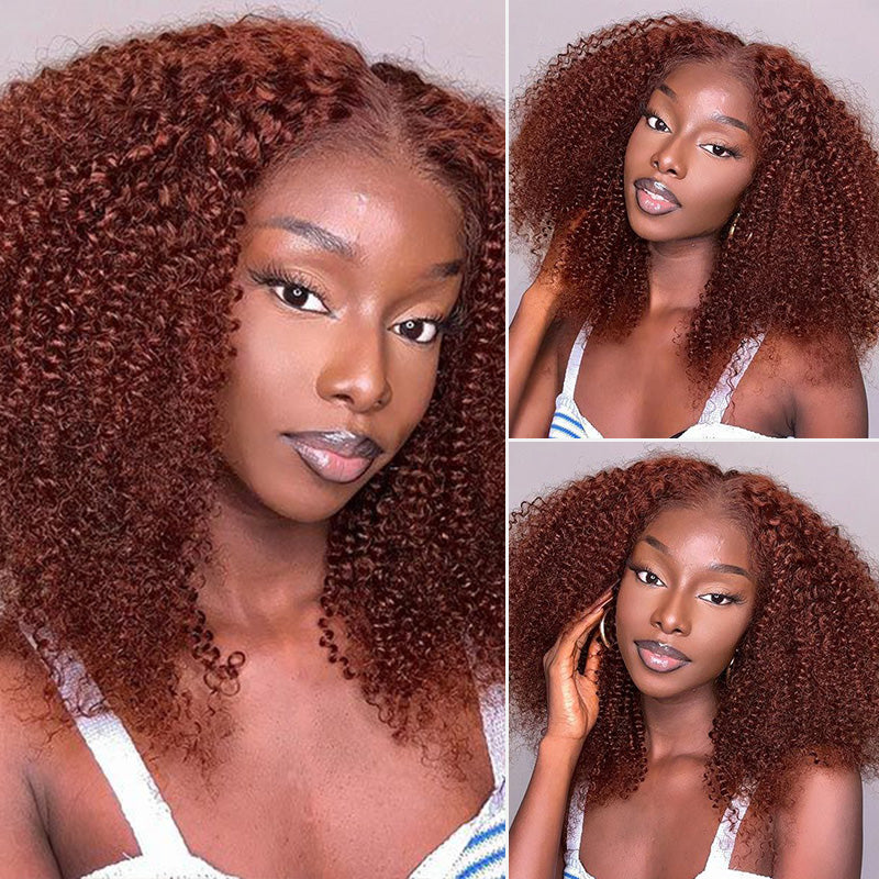 #33 Reddish Brown Kinky Curly Lace Closure Wig High Density Human Hair Wigs With Baby Hair