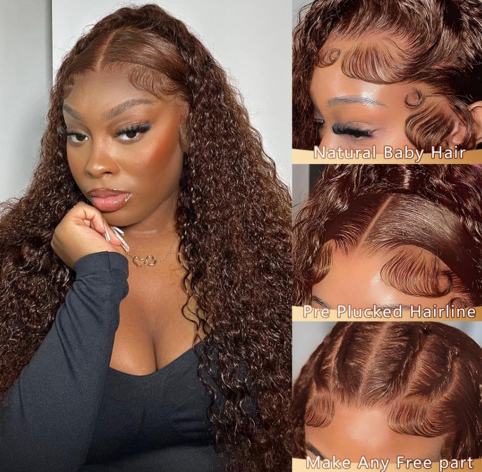 #4 Chocolate Brown Invisi-Band 360 Lace Frontal Wig Water Wave Pre Plucked Human Hair Wigs